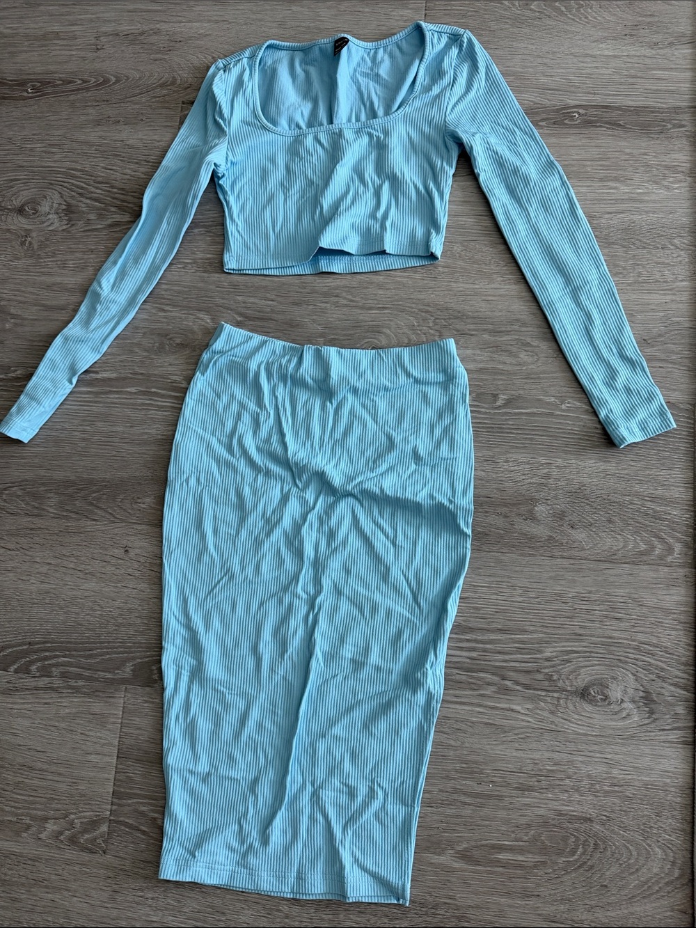 SHEIN Light Blue Ribbed Midi Skirt Set
